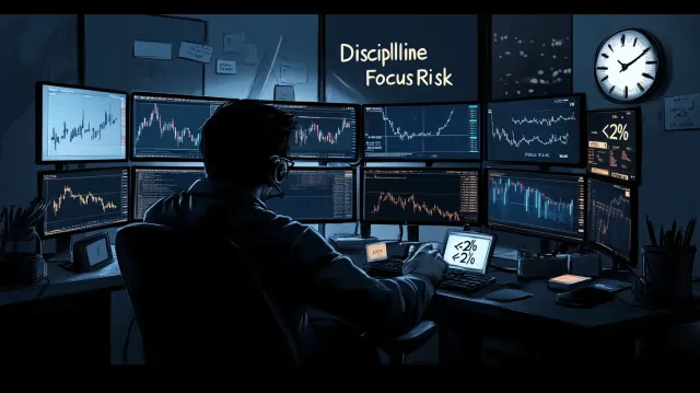 A modern, high-detail digital illustration of a trader at a sleek workstation, multiple monitors showing candlestick charts, volume indicators, and trend lines. The environment conveys focus and discipline